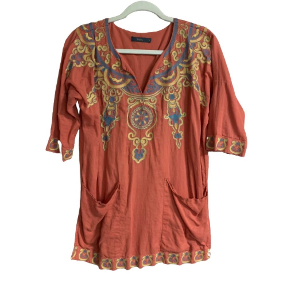 Women's THML Orange 3/4 Sleeve Embroidered Bohemian Cotton Small Blouse EUC